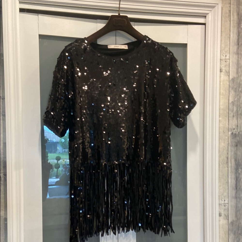 Zara Black Sequin Fringe Top